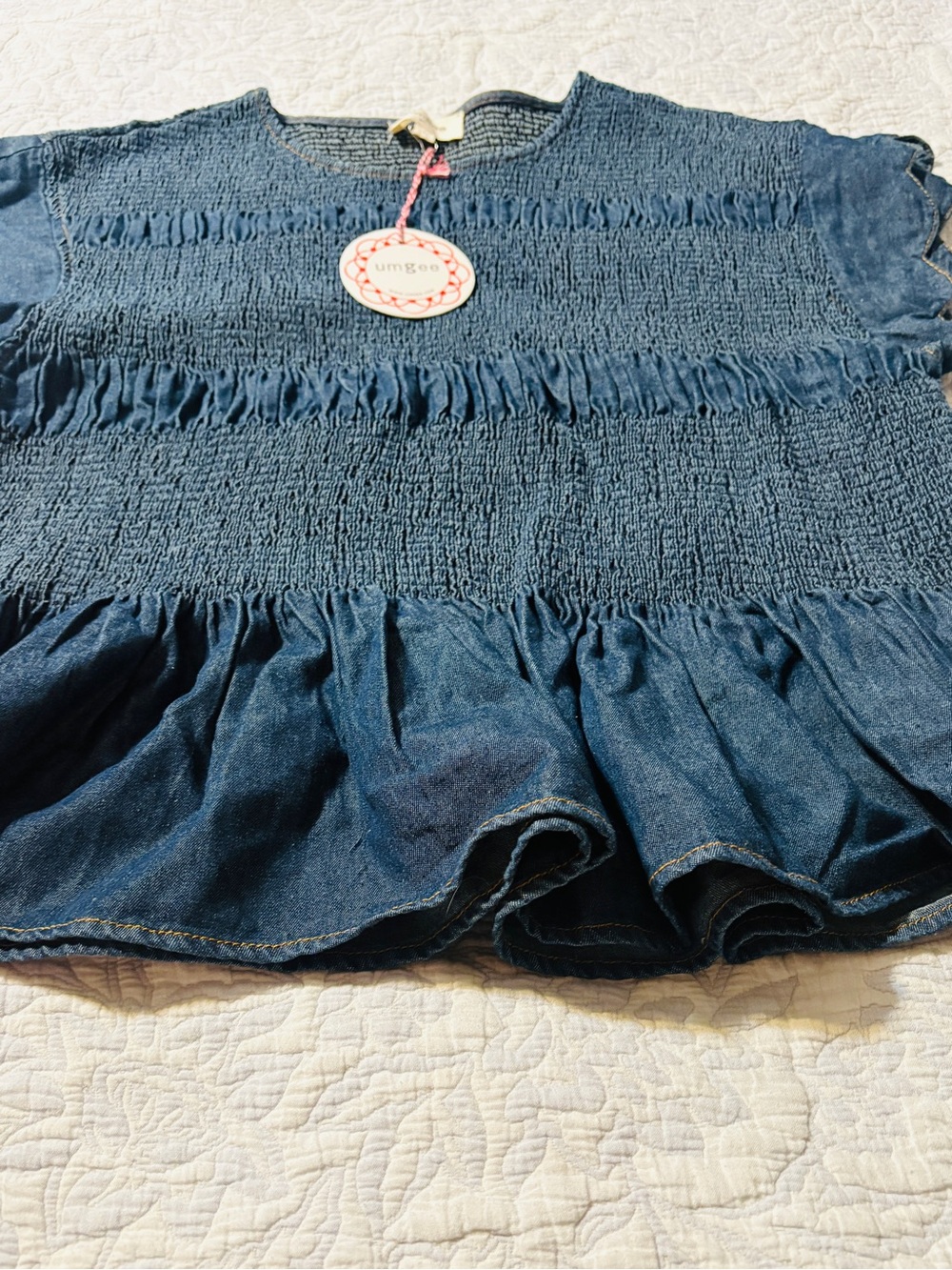 Umgee Denim Smocked Ruffle Peplum Top Blouse Women’s Large NWT